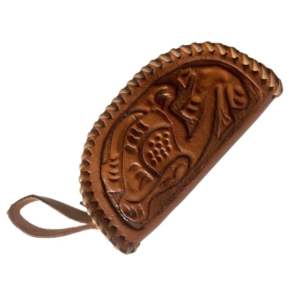 True Vintage 1950s Tooled Leather Zip Top Coin Purse